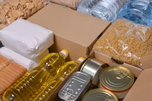 Boxes of canned and packaged edible foods for donations