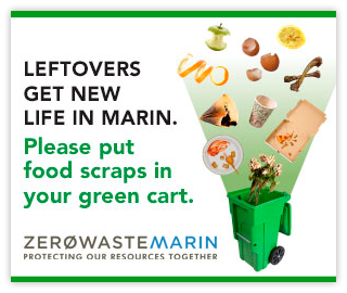 Ad from ZWM 2013-14 Campaign "leftovers get new life in Marin" showing green cart and food waste pictures going into it