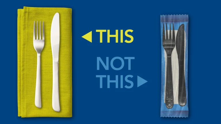 ZWM Campaign Graphic: reusable utensil and napkin and a plastic set of to-go utensils