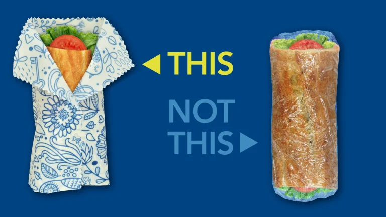 Graphic that points to a reusable sandwich wrapper over a plastic one; part of the ZWM Campaign: This not This