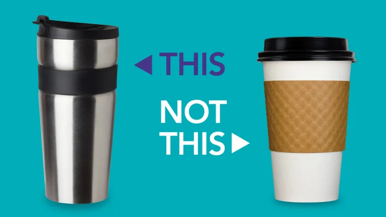 Graphic that points to a reusable coffee mug over a disposable coffee cup; part of the ZWM Campaign: This not This