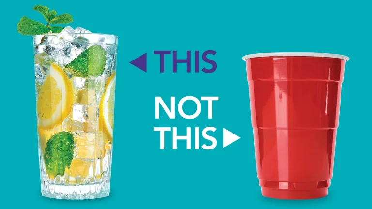 Graphic that points to a reusable lemonade glass over a red disposable cup; part of the ZWM Campaign: This not This