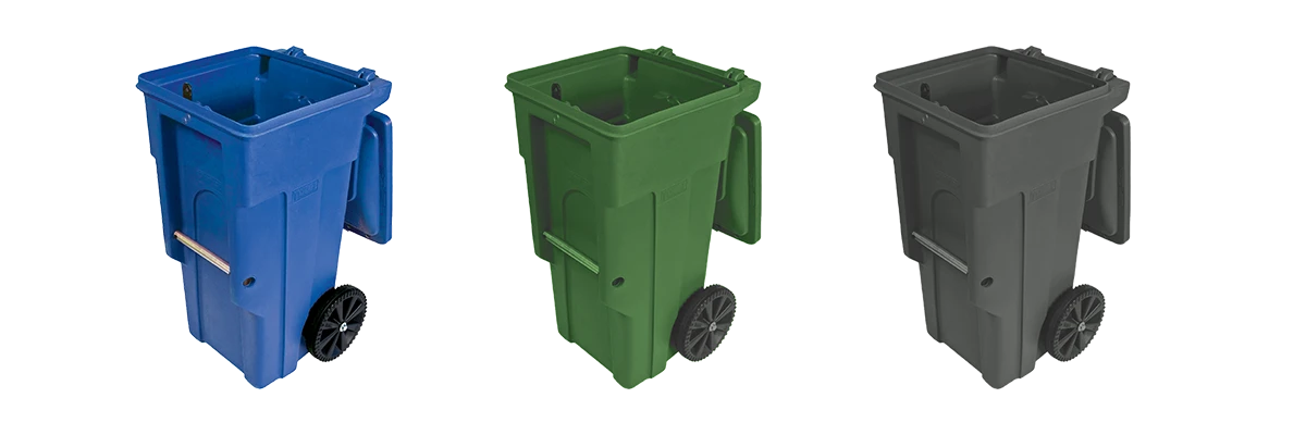 Three carts: blue recycling, green compost and gray landfill