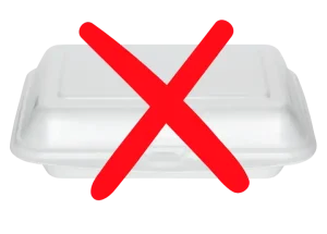 A Polystyrene to-go container with a red X through it