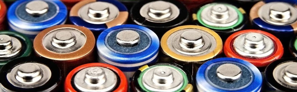 Close up of tops of household batteries; example of residential HHW