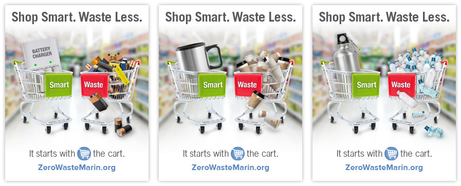 Ads from ZWM 2017 Campaign "It Starts with the Cart" showing shopping carts with the "smart" option and then the "waste" option of materials