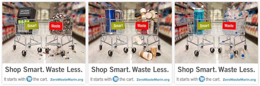 Ads from ZWM 2017 Campaign "Shop Smart. Waste Less." showing shopping carts with the "smart" option and then the "waste" option of materials