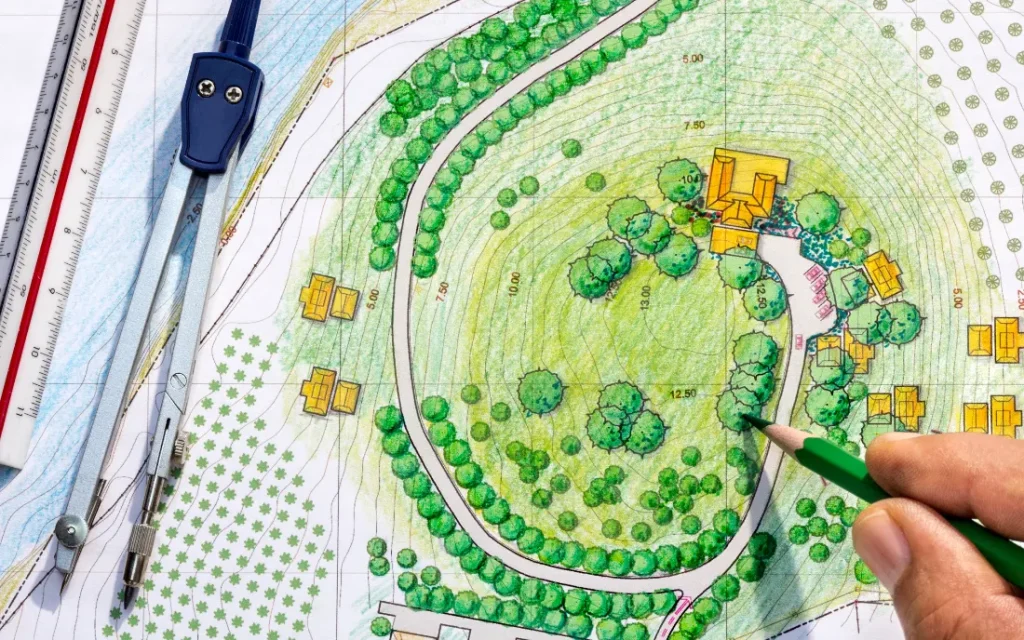 A hand with a pencil colors in a landscape illustration plan