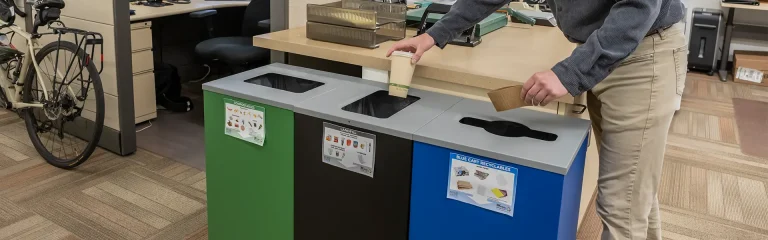 A recycling station at an office with someone throwing a paper cup in trash, and the holder in recycling