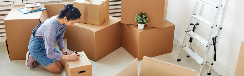 A woman in a packed up room writes on a moving box