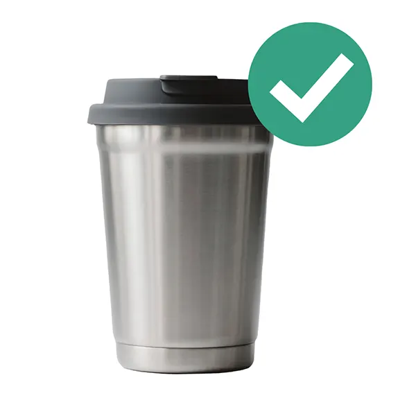 A Reusable Metal Coffee Mug with a green checkmark