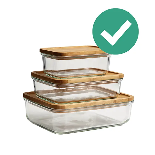 Reusable Glass Food Containers with a green checkmark