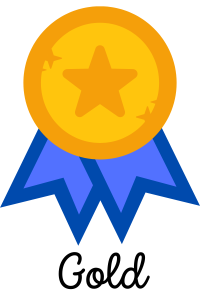 Gold medal with a blue ribbon.