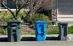 A compost, recycling and garbage cart on the street in front of a home.