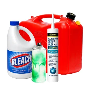 Examples of boat and marina household hazardous waste, including fuel containers, bleach, aerosol cans, and sealants that require proper disposal.