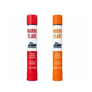 Two cylindrical marine safety flares, one red and one orange, shown upright with warning labels and boat icons. Examples of expired marine flares accepted at the Marine Flare Collection Event.