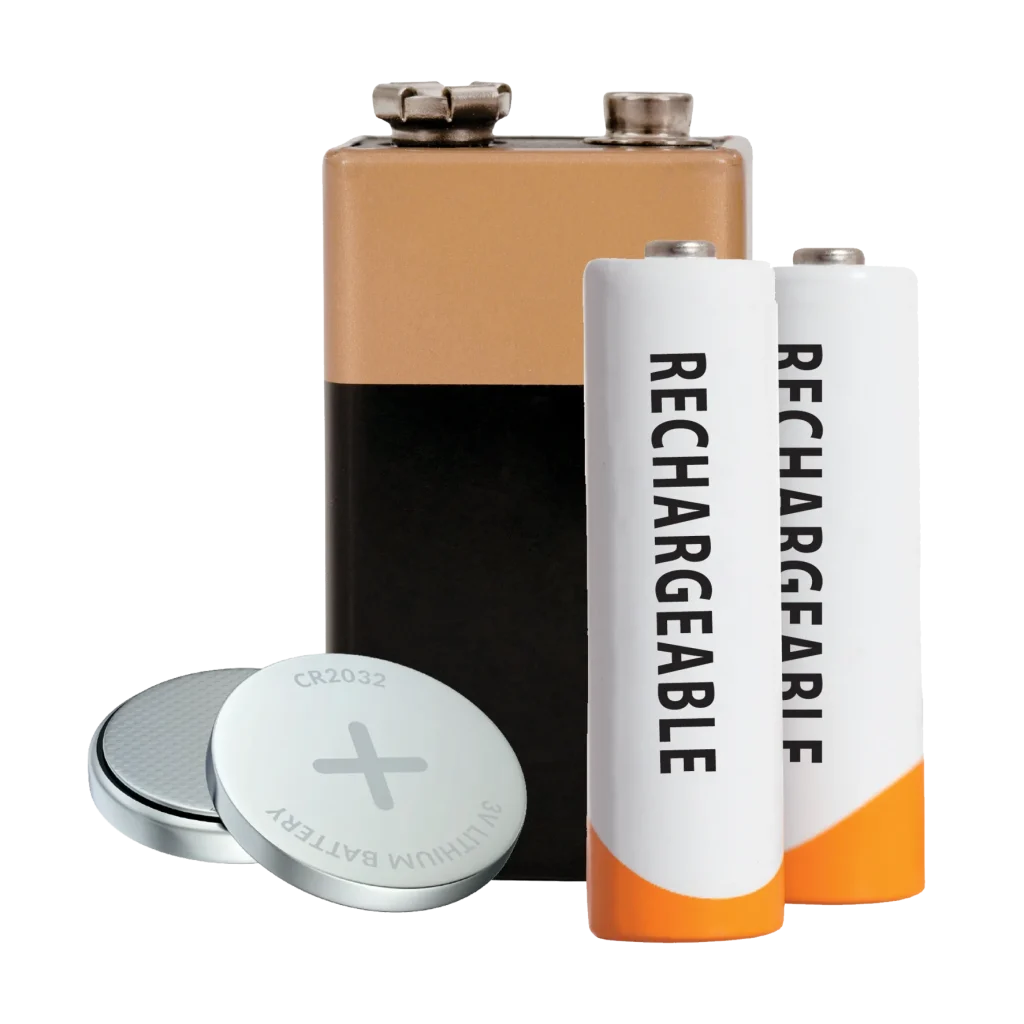 9V, AA, cell: examples of recyclable batteries