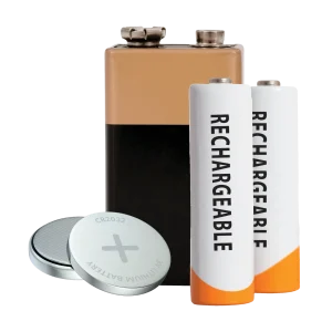 9-volt, AA, and rechargeable batteries