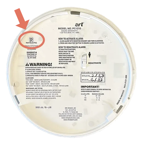 Back of a smoke detector with PHOTOELECTRIC circled