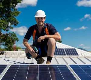 A man in construction hat installs solar panels on a roof