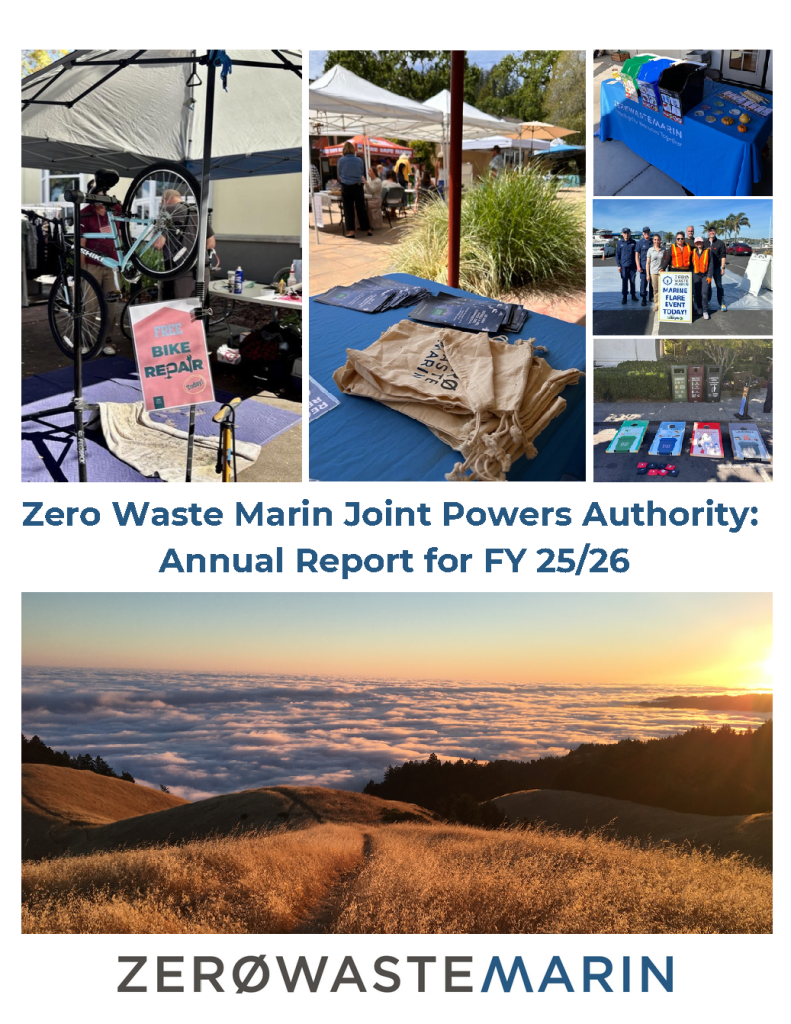 The cover page for the Annual Report, with various images including a bike being repaired, a table with a ZWM table cloth, a marine flare collection event, and the sunset from Mount Tam.