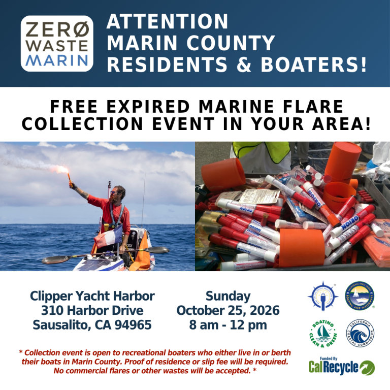 Heading that says "attention Marin County residents and boaters", then text that says "free expired marine flare collection in your area". Date: Sunday, October 25th from 8am - 12pm at the Clipper Yacht Harbor in Sausalito. Image of a man holding a marine flare.