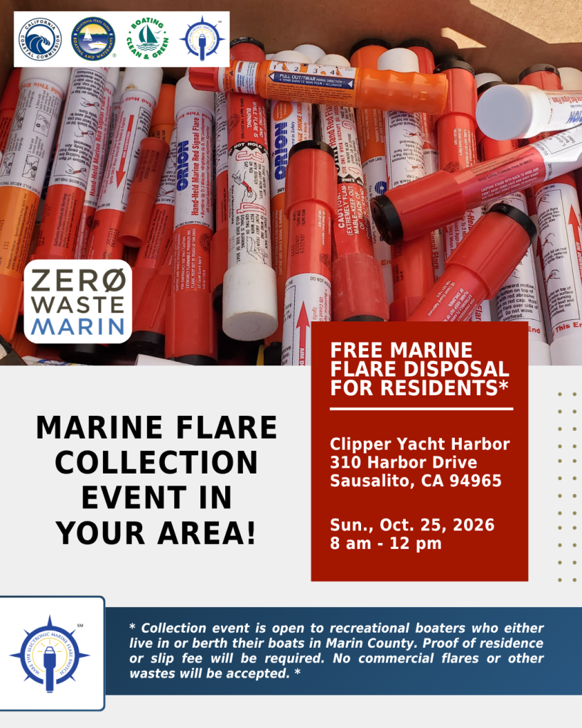 Text that reads "Marine flare collection in your area" on a background photo of marine flares. Event details: Clipper Yacht Harbor, Sunday October 25th, 2026, from 8am - 12pm.