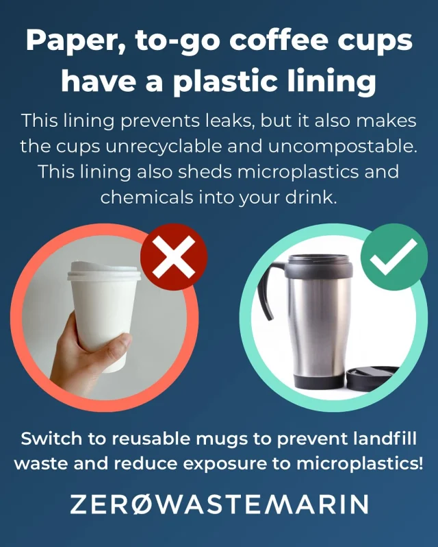 Earth Month is drawing to a close, but we encourage you to continue your Earth-friendly habits through the rest of the year! One habit that is good for the planet and for your health is switching from single-use paper coffee cups to reusable coffee thermoses. Paper to-go cups cannot be recycled or composted due to a plastic lining; recent studies have shown that this same plastic lining sheds microplastics into your drink. Skip the side of plastic and BYOCup! #reuseisbest #reuseable #zerowastemarin 

El Mes de la Tierra está llegando a su fin, ¡pero te animamos a continuar con tus hábitos amigables con la Tierra durante el resto del año! Un hábito que es bueno para el planeta y para su salud es cambiar de tazas de café de papel de un solo uso a termos de café reutilizables. Los vasos de papel para llevar no se pueden reciclar ni compostar debido a un forro de plástico; estudios recientes han demostrado que este mismo forro de plástico arroja microplásticos a su bebida. ¡Sáltate el lado del plástico y BYOCup! #Reuseisbest #reuseable #zerowastemarin